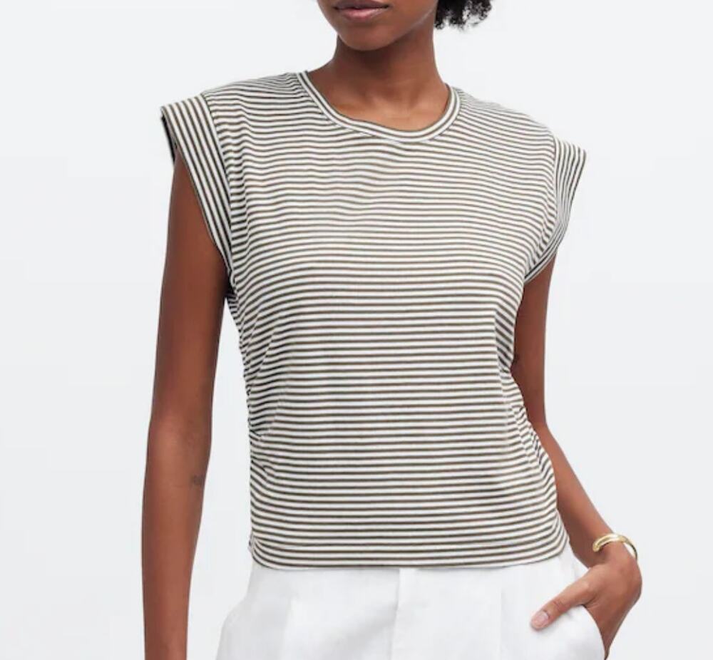 NWOT Madewell Green White Striped Side-Cinch Muscle Tee (S)